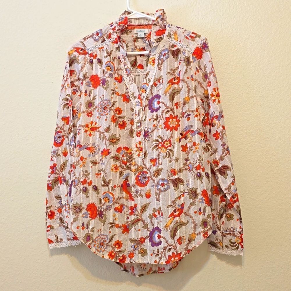 Sundance floral with ruffle/lace details blouse size small
